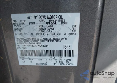 2007 Ford F-150 Stx/Xl/Xlt z USA, uszkodzony, nr VIN 1FTRF122X7KC53254